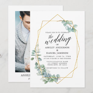 Invitation Calligraphie Eucalyptus Photo Mariage Gold