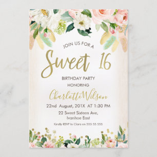 Invitation Calligraphie Floral Boho 16e anniversaire Invitati