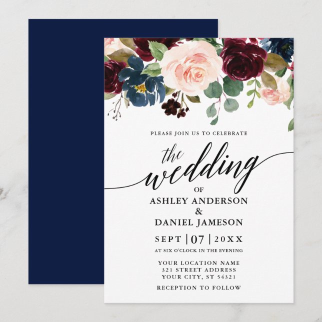 Invitation Calligraphie Floral Bourgogne bleu rose Mariage (Devant / Derrière)