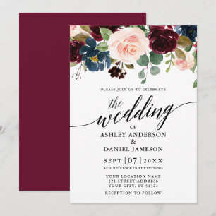 Invitation Calligraphie Floral Bourgogne rose Mariage bleu