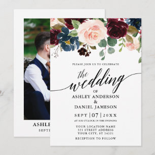 Invitation Calligraphie Floral Bourgogne rose Mariage photo