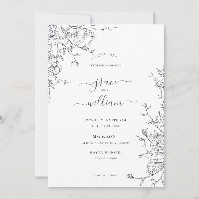 Invitation Calligraphie florale blanc gris Mariage (Devant)