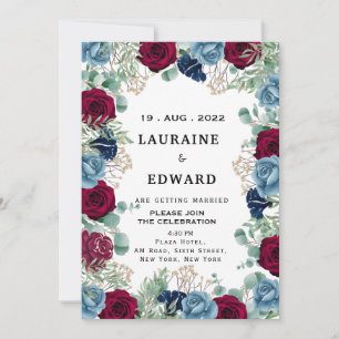 Invitation calligraphie florale blanche rose rouge et bleue 