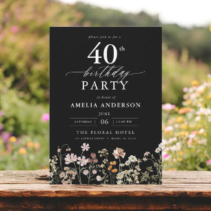 Invitation Calligraphie florale Fleur sauvage noire 40e anniv