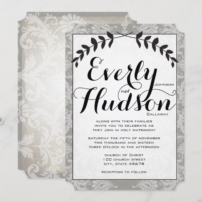 Invitation Calligraphie Garland Damask Mariage papier Brown (Devant / Derrière)