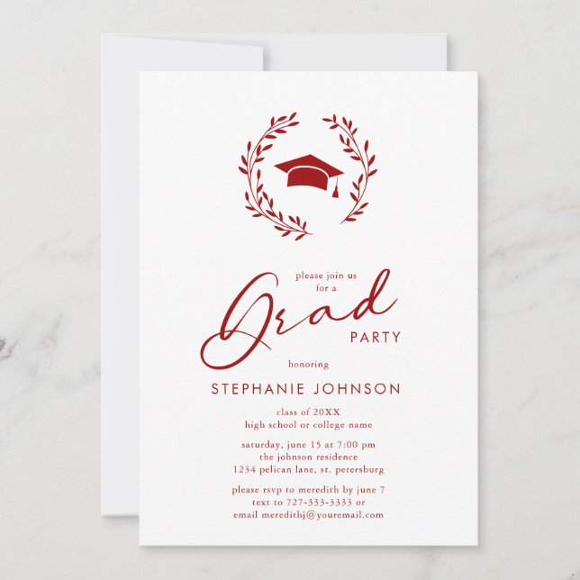 Invitation Calligraphie Grad Casquette Crimson Graduation Par (Devant)