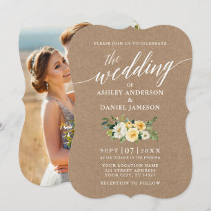 Invitation Calligraphie Jaune Floral Mariage Kraft Photo