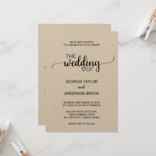 Invitation Calligraphie Kraft simple en un seul Mariage