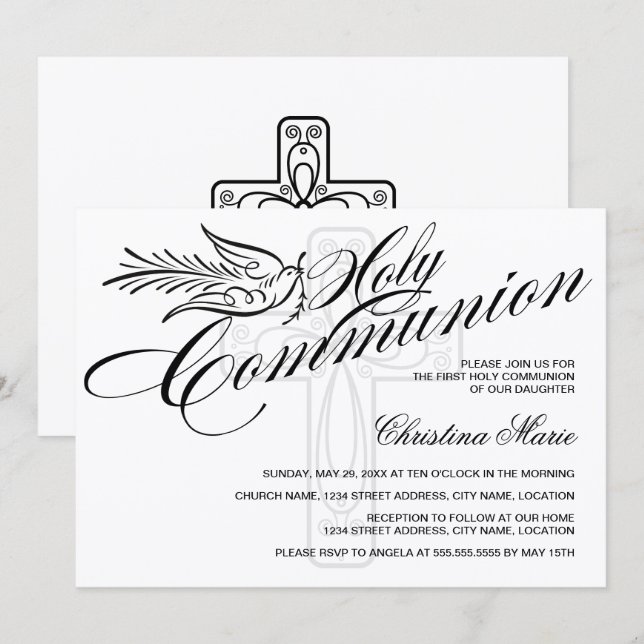 Invitation Calligraphie La colombe et la première communion s (Devant / Derrière)
