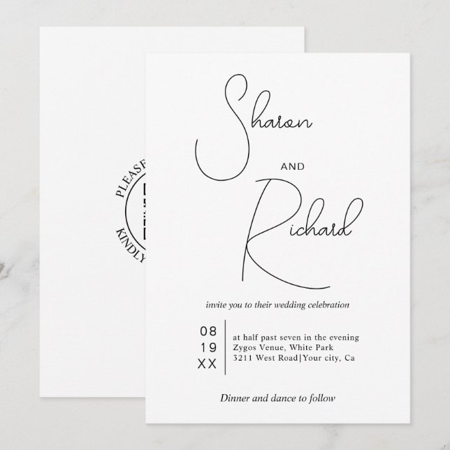 Invitation Calligraphie lunaire noir Qr code blanc mariage (Devant / Derrière)