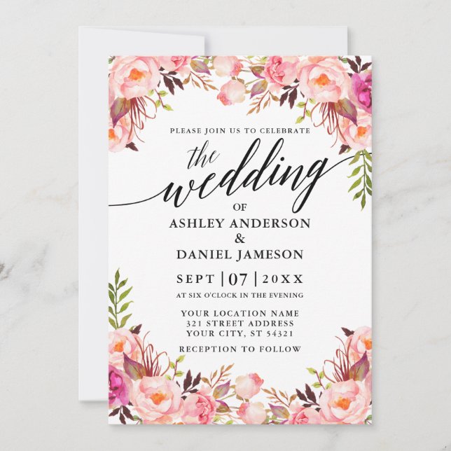 Invitation Calligraphie mariage Aquarelle rose Blush Floral (Devant)
