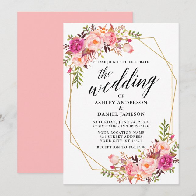 Invitation Calligraphie Mariage floral rose géométrique (Devant / Derrière)