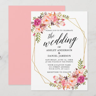 Invitation Calligraphie Mariage floral rose géométrique