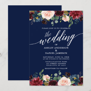 Invitation Calligraphie moderne Bourgogne Floral Mariage bleu