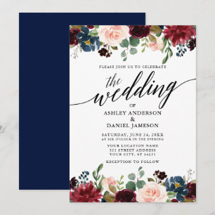 Invitation Calligraphie moderne Bourgogne Floral Mariage bleu