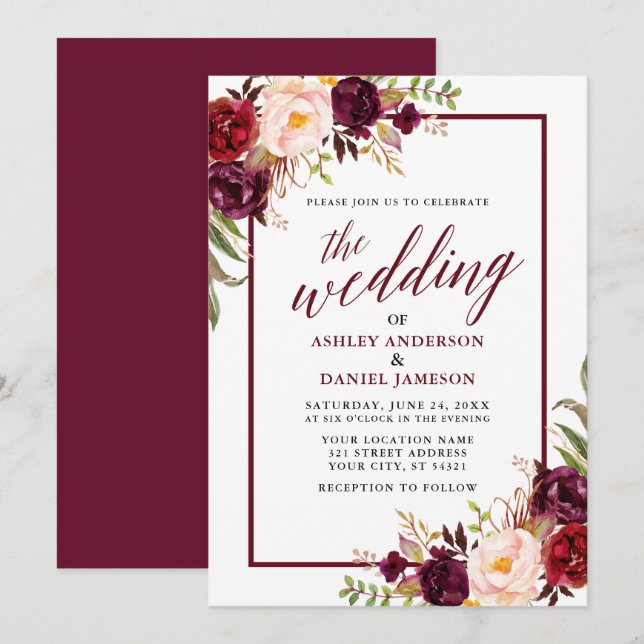 Invitation Calligraphie moderne Bourgogne Mariage floral (Devant / Derrière)
