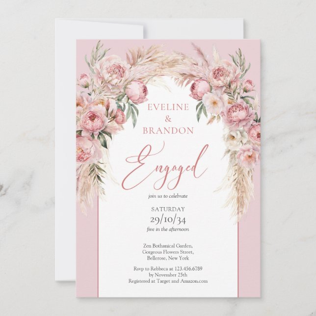 Invitation Calligraphie moderne brush peonys boho arch sage (Devant)
