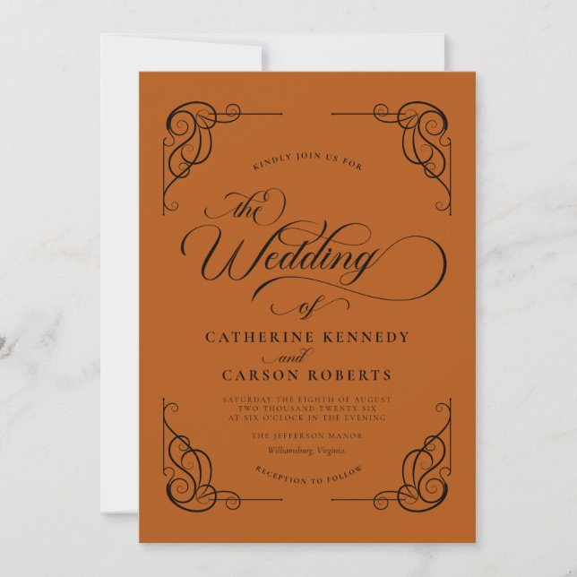 Invitation Calligraphie moderne classique Gravé Orange Script (Devant)