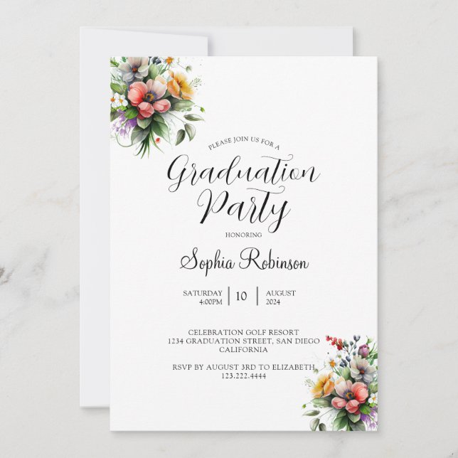 Invitation Calligraphie moderne Elégante Floral Grad Party (Devant)