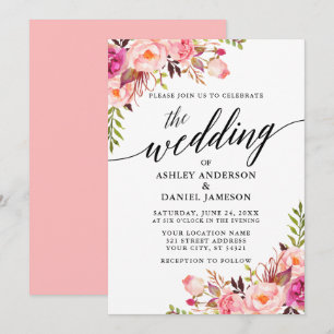 Invitation Calligraphie moderne Floral rose Mariage