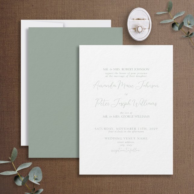 Invitation Calligraphie moderne formelle Sage Mariage vert (Créateur téléchargé)