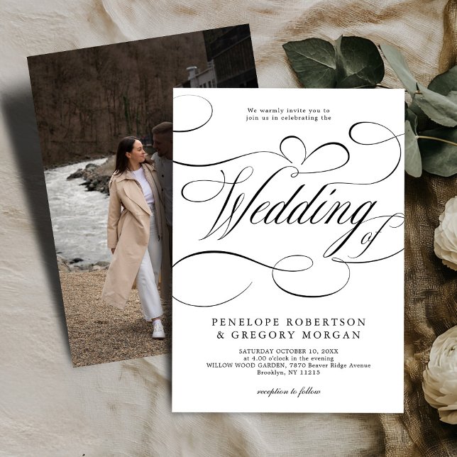 Invitation Calligraphie moderne intemporelle mariage noir bla (Modern calligraphy timeless black and white photo wedding invitation)
