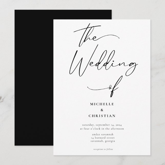 Invitation Calligraphie moderne Mariage noir solide (Devant / Derrière)