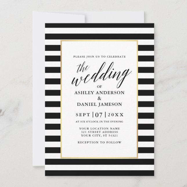 Invitation Calligraphie moderne Mariage rayé Gold Frame (Devant)