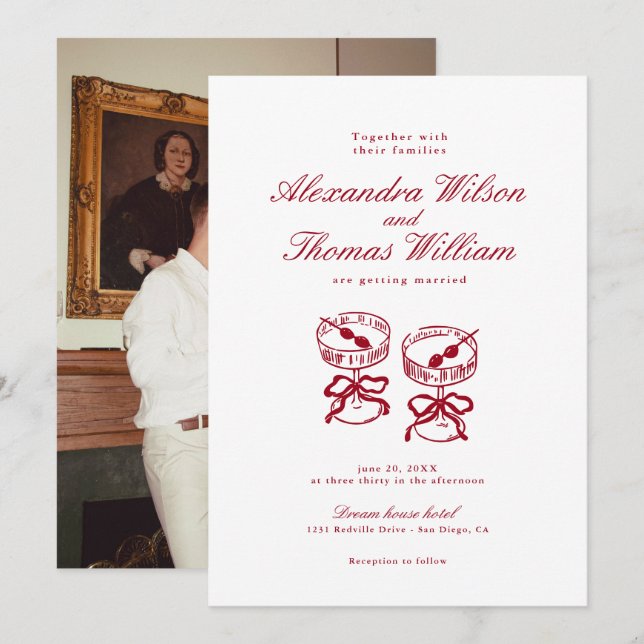 Invitation Calligraphie moderne Mariage rouge (Devant / Derrière)