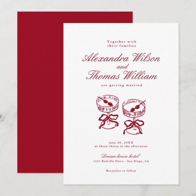 Invitation Calligraphie moderne Mariage rouge (Devant / Derrière)