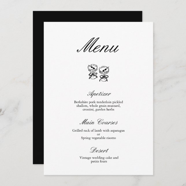 Invitation Calligraphie moderne Menu Mariage noir et blanc (Devant / Derrière)