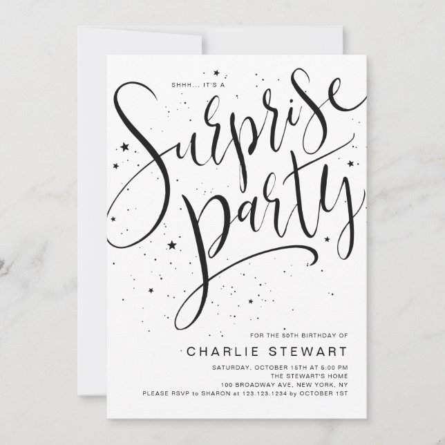Invitation Calligraphie moderne noir et blanc Parti surprise (Devant)