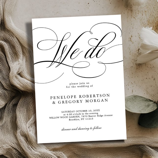 Invitation Calligraphie moderne Nous faisons mariage noir et  (Modern calligraphy timeless black and white wedding we do invite)