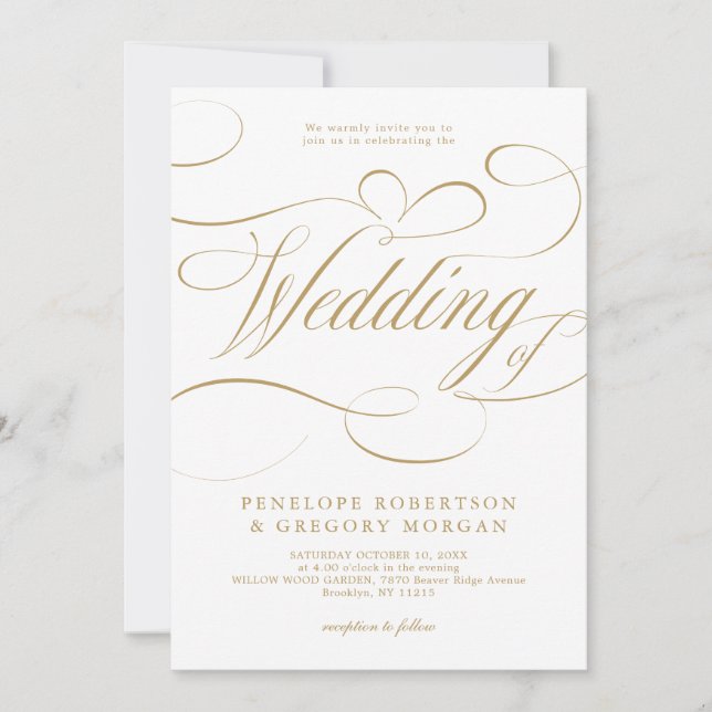 Invitation Calligraphie moderne or blanc code QR mariage (Devant)