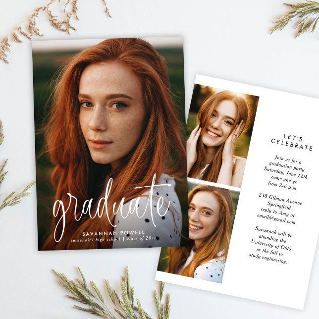 Invitation Calligraphie moderne Simple 3 Photo Graduation Par (Créateur téléchargé)