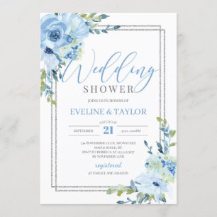 Invitation Calligraphie moderne wedding shower floral bleu