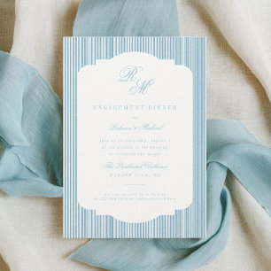 Invitation Calligraphie Monogramme Bleu Stripes Fiançailles