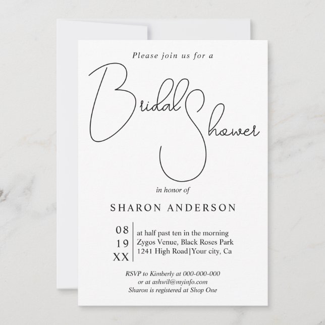 Invitation Calligraphie noir whimsical code Qr douche nuptial (Devant)