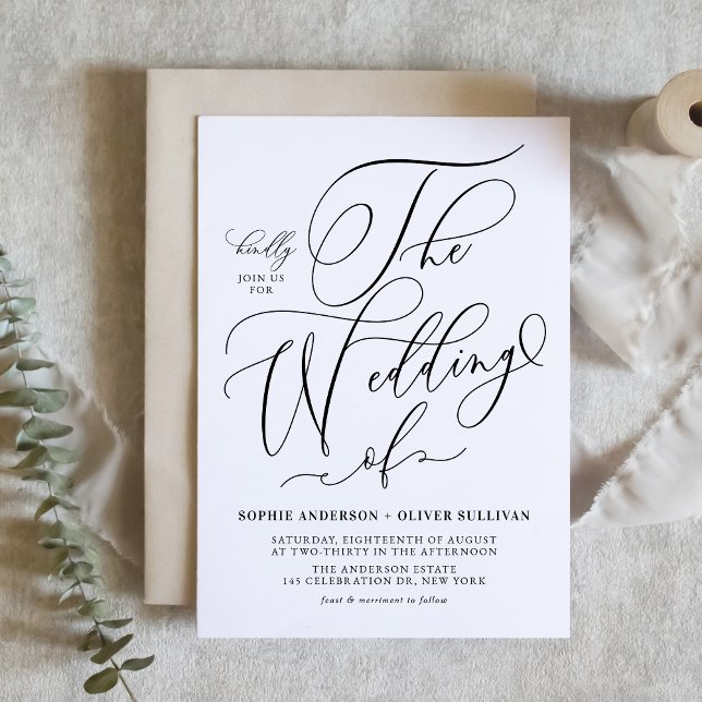 Invitation Calligraphie noir Whimsical Mariage de code QR (Black and White Whimsical Calligraphy QR Code Wedding Invitation)