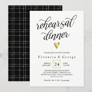 Invitation Calligraphie Noire Dîner de répétition Coeur Or