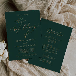 Invitation Calligraphie Or Délicat Vert Tout en un Mariage