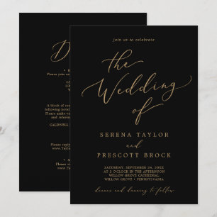 Invitation Calligraphie Or Delicée Noir Tout en un Mariage