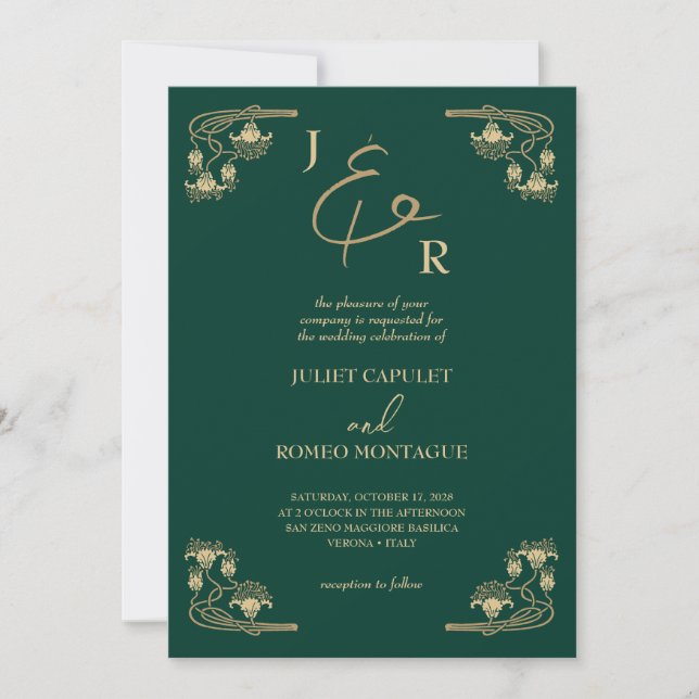 Invitation Calligraphie or élégant Art Déco sur mariage vert (Devant)