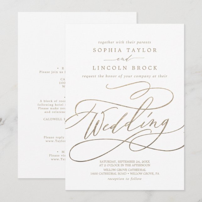 Invitation Calligraphie or romantique Détails sur le Mariage  (Devant / Derrière)