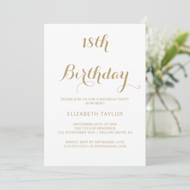 Invitation Calligraphie or sophistiquée 18e anniversaire (Debout devant)