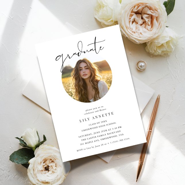 Invitation Calligraphie Oval Photo Budget Parti de graduation (Créateur téléchargé)