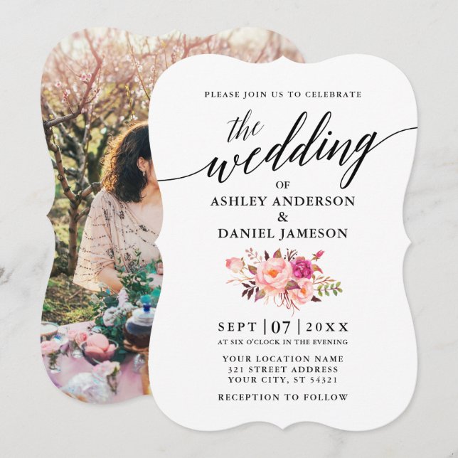 Invitation Calligraphie Pink Blush Floral Mariage photo (Devant / Derrière)