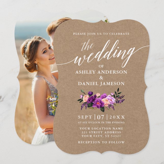 Invitation Calligraphie Purple Floral Mariage Kraft Photo (Devant / Derrière)