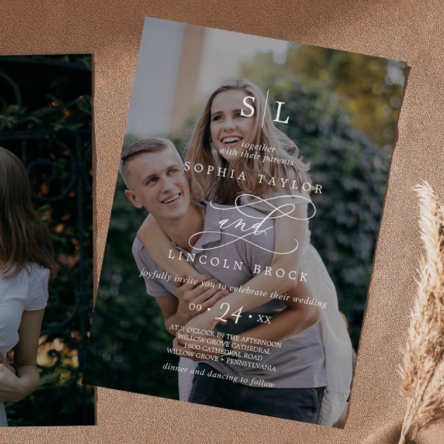 Invitation Calligraphie romantique Dark Photo Monogramme Mari (Créateur téléchargé)