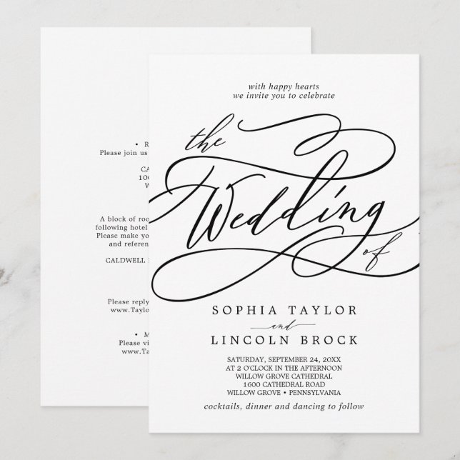 Invitation Calligraphie romantique | Flourir tout en un Maria (Devant / Derrière)